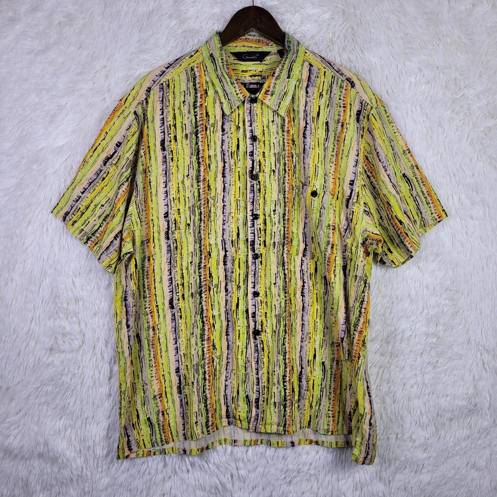 Genelli Mens XL Silk Short Sleeve Button Down Shirt Abstract Stripe Green Yellow